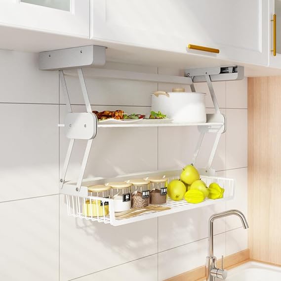 Kitchen Organizer 26.7 Inch Pull Down Shelf, Pull Down Shelf Cabinet Organizer, Retractable Dish Rack System, Small Wall-Mounted Cabinet for Over The Stove, Kitchen,