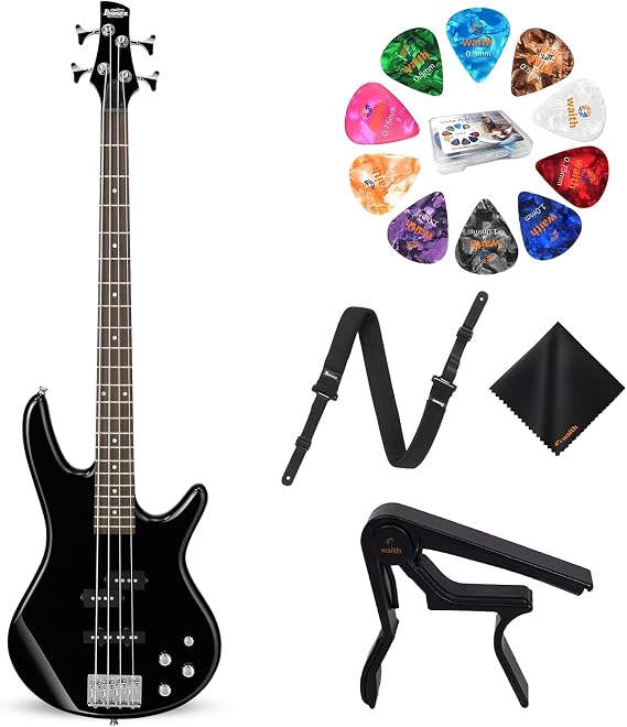 Ibanez GSR200 GIO Series 4 String Solid Body Electric Bass - Right-Handed (Black) with GSF50 Powerpad Strap, String Capo, 15 Pack Guitar Picks, Organizer Storage Box, and Cleaning Cloth - Bundle Kit | Includes string capo, 15-pack of picks, organizer storage box, and cleaning cloth. Right-handed, 4-string solid body in Black