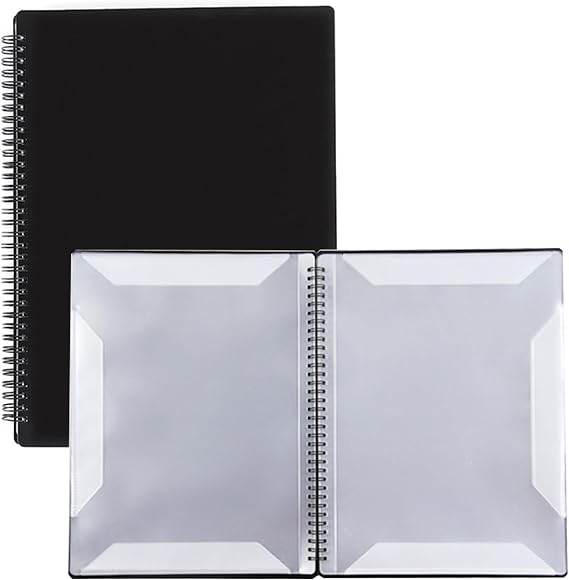 RAUYIVANY Music Folder, A4 Size, Black Color, Plastic Material, 20 Sleeves, 40 Pages, Spiral Binding, Double-Sided File