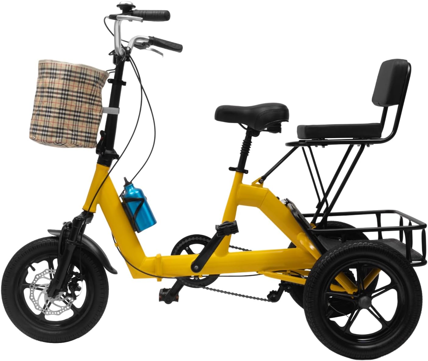 hoarlicn 14 inch tricycle for adults 3-wheel foldable tricycle premium bicycle with shopping basket & backrest for teenagers adults seniors black and yellow
