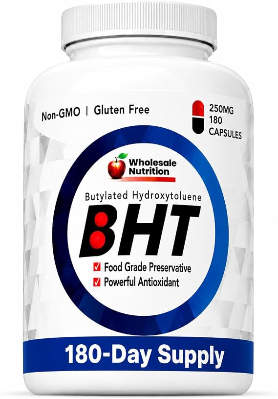 Wholesale Nutrition BHT - 250mg Potent Antioxidant - Non-GMO, Gluten-Free - Enhance Oil/Fat Preservation - Pure Butylated Hydroxytoluene for Foods/Oils - 180 Capsules