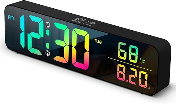 Black Digital Alarm Clock Large LED Display Auto Brightness Temperature Date Dual Alarms 40 Ringtones Snooze Time Memory USB Powered Wall Desk Clock for Bedroom Decor Kids Seniors Heavy Sleepers