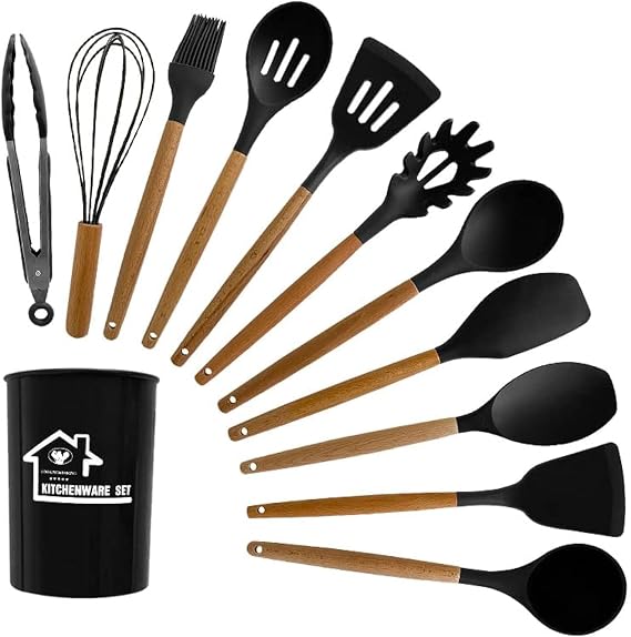 Silicone Kitchen Tool Set, 12 Pieces, Spoons, Spatulas, Tongs (Black)