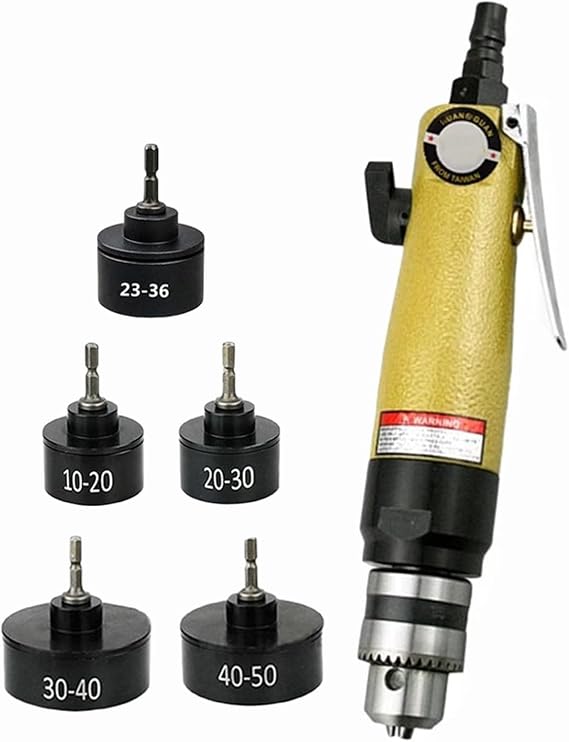 Pneumatic Capping Machine, Handheld Bottle Cap Tightener, Adjustable Speed 2500 RPM, with 6 Capping Heads (10-20/20-30/23-36/30-40/40-50mm), Plastic Bottle Sealing Tool
