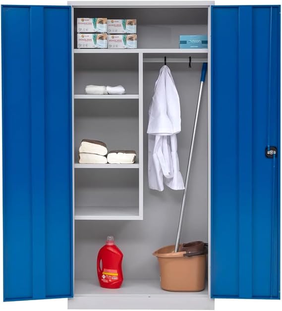 furni24 Metal Cleaning Products Cabinet - Steel Laundry Cabinet with Blue Doors Two-Point Lock Including 2 Keys Clothes Locker Steel Storage Cabinet Tool Cabinet Ready Assembled Grey 92 x 195 x 42 cm