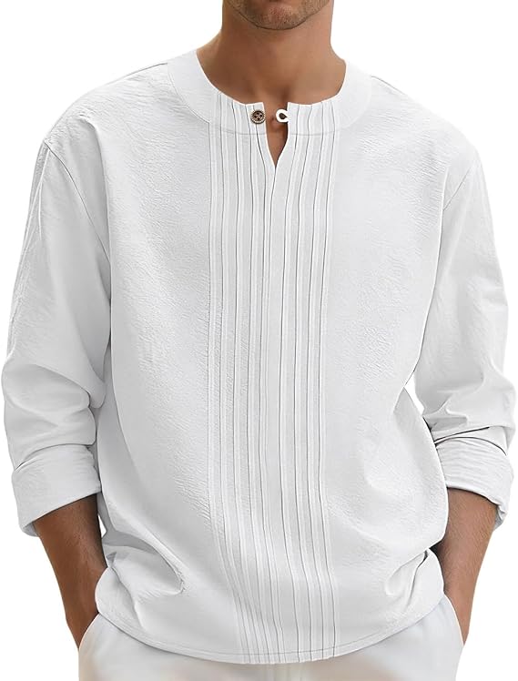 Men's Linen Shirts Casual Long Sleeve Pleated Front T-Shirt Button Henley Collared Loose Lightweight Pullover Top