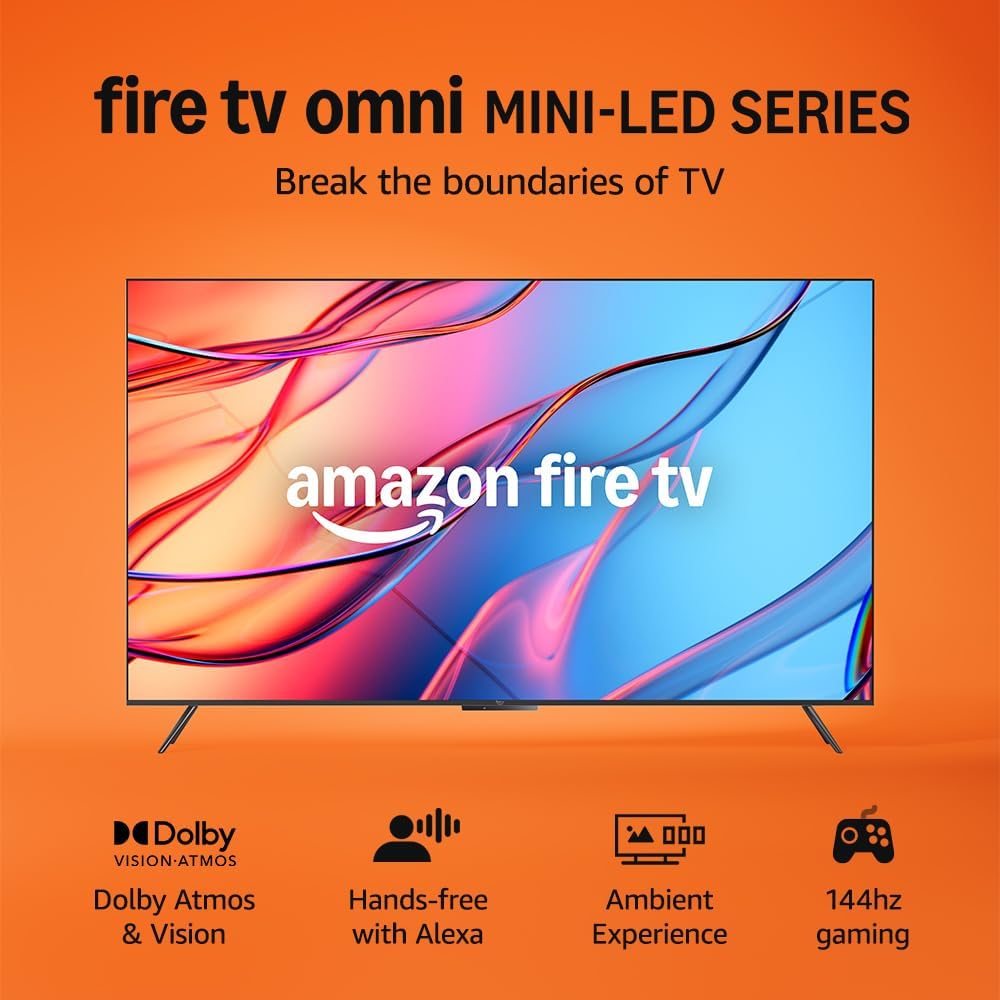 Amazon Fire TV 75" Omni Mini-LED series, QLED 4K UHD smart TV, Dolby Vision IQ, HDR 10 Adaptive, 144 Hz gaming mode, hands-free with Alexa, Dolby Atmos, 2024 release