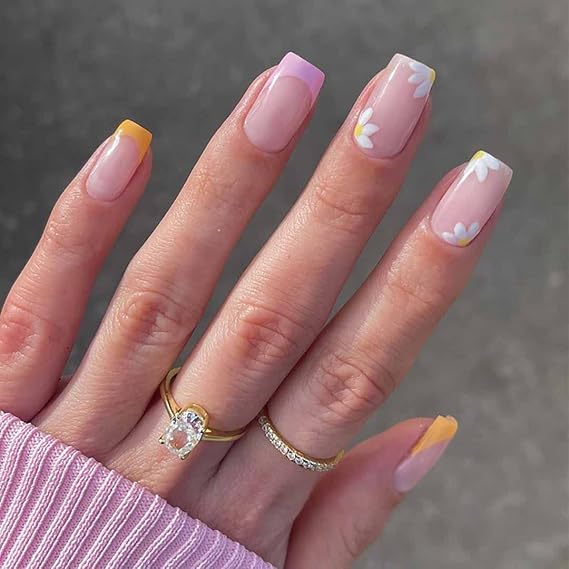 Medium Press on Nails French Fake Nails with Flowers Design Colorful Square Nails for Women