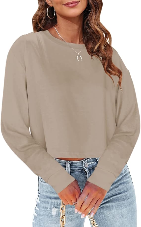Tankaneo Womens Long Sleeve Crop Tops Loose Fit Fall Cropped Tshirt 2026 Crew Neck Casual Shirts