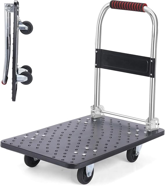 Folding Dolly Cart with Wheels Collapsible - 1500lbs Alloy Steel Portable Foldable Moving Push Utility Flat Hand Trucks, Heavy Duty Trolley Dolley with 360 Degree Swivel Wheels (Black, Alloy Steel-S)