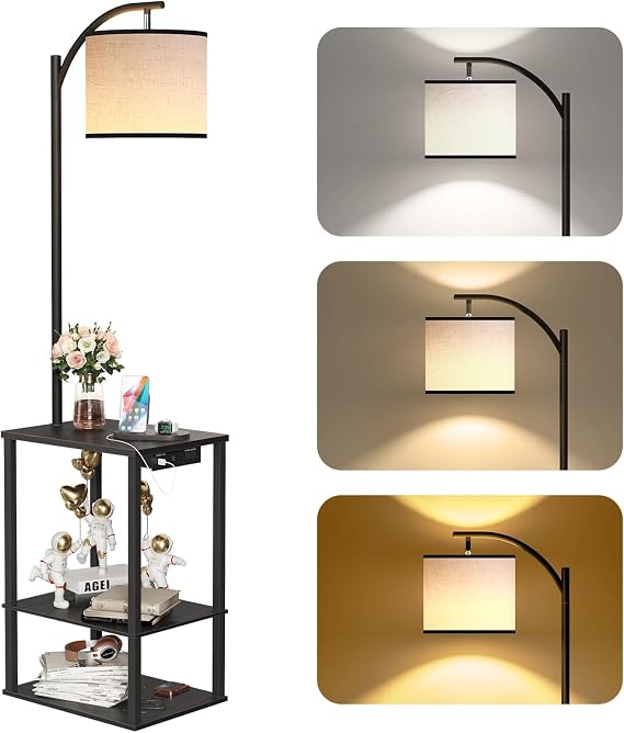 SUNMORY Floor Lamp with Table Shelves, End Side Table for Living Room | USB & AC Charging Stations, 3 Color Temperature 9W LED Bulb, Adjustable Shade, Modern Nightstand Lamps for Bedroom Office