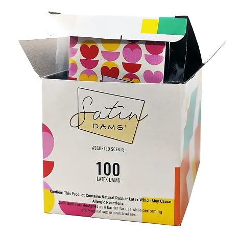 Box of 100 Assorted Latex Oral Dams | Grape, Strawberry, Vanilla and Spearmint Scented Dental Dams | Bulk Hermetically Sealed Dams