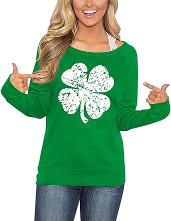 For G and PL Womens St. Patricks Day Green Long Sleeve Sweatshirt Funny Casual Shamrock Irish Shirt S - 3XL
