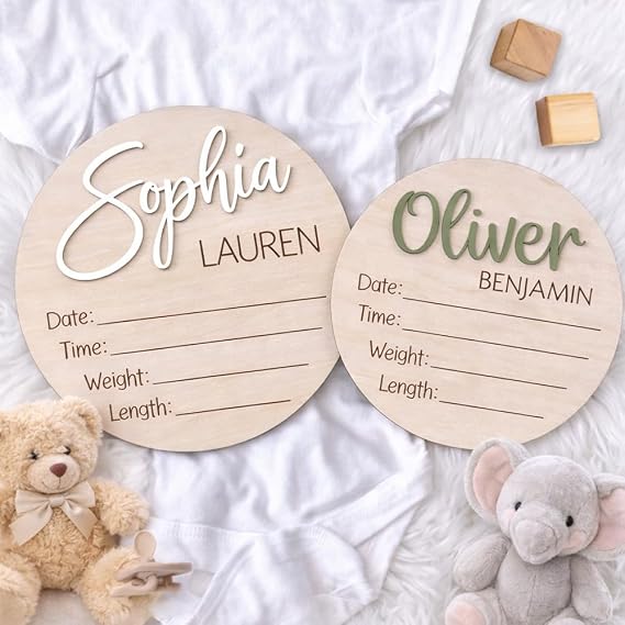 Personalized Baby Name Announcement Wooden Sign, Custom Birth Stat Plaque for Hospital Photos, Newborn Arrival Keepsake Gift for Baby Girl or Boy, 5