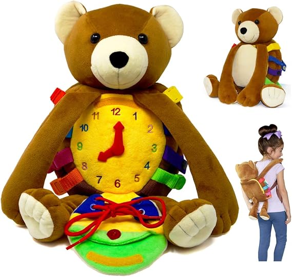 Buckle Toys Billy Bear Backpack Montessori Toddler Backpack with Buckles & Learning Activities Busy Board Stuffed Animal for Fine Motor Skills Sensory Travel Toy - Measures 18 x 7 Inches
