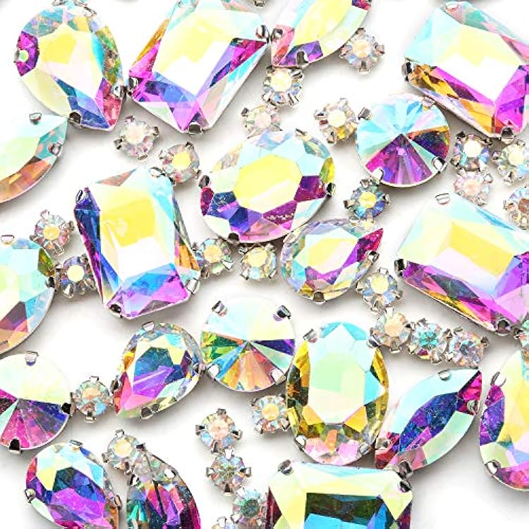 AB Sew On Rhinestones, Choupee 130PCS Sew On Rhinestone Metal Back Prong Setting Sewing Claw Rhinestone Mixed Shapes Sew On Glass Gems for Jewelry, Clothes, Costume, Shoes,Dress, Garments