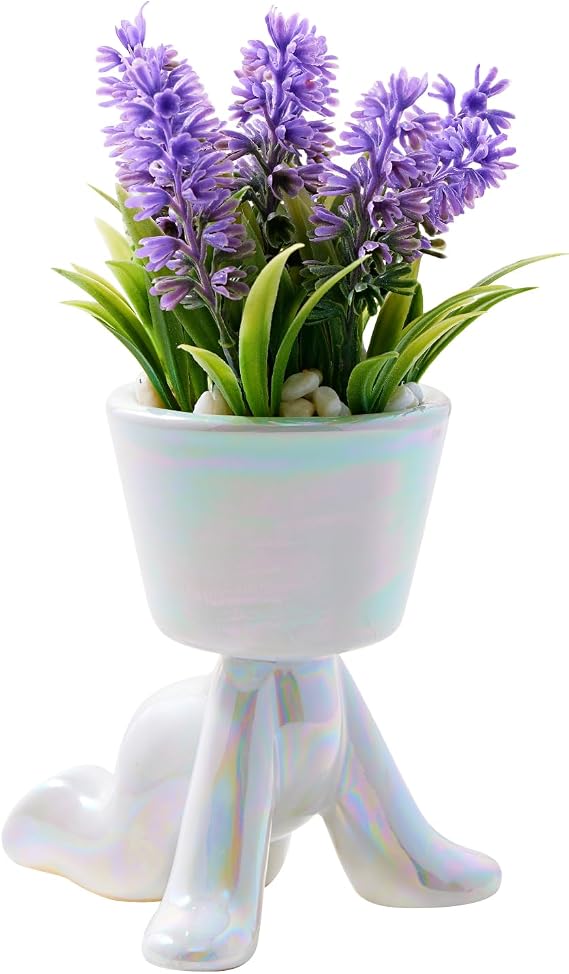 Mini Fake Succulents in Vase, Artificial Plants in White Morden Human Shaped Pot for Office Decor, Modern Artificial Succulents for House Decor, Birthday Gifts for Friend (Sit White)