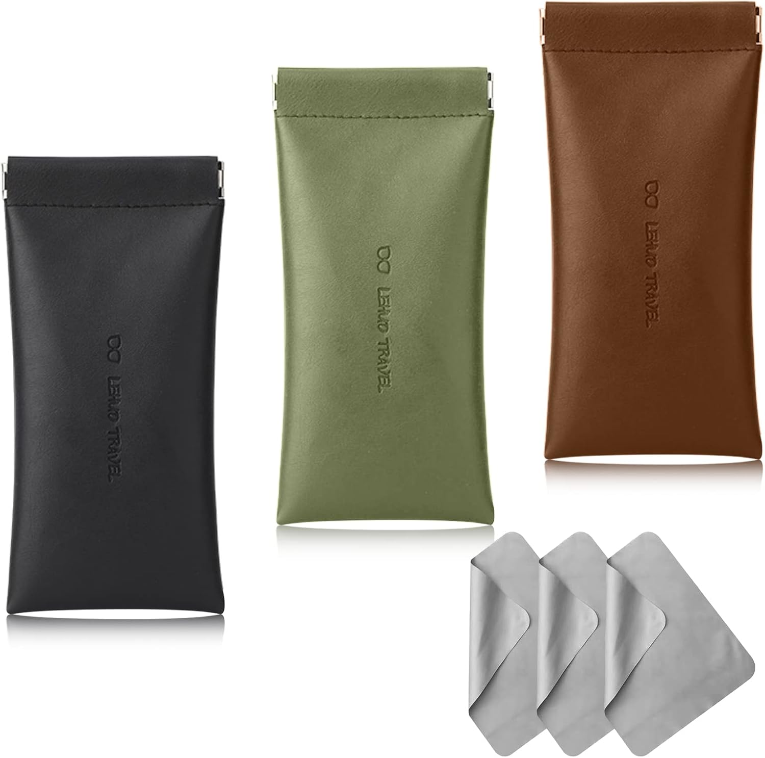 Soft Glasses Case, 3 Pack Portable Squeeze Top Leather Glasses Case with Cleaning Cloth, Sunglasses Case Water Proof Glasses Pouch Storage Bags Suitable for Women Men Black, Dark Green, Brown
