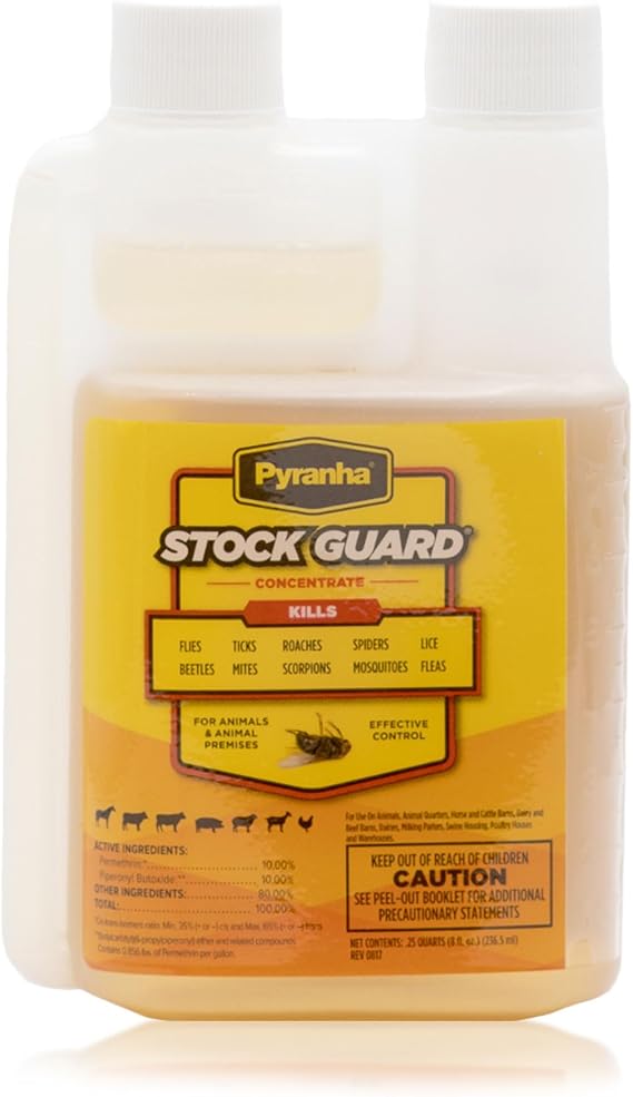 PYRANHA Stock Guard Concentrate - Livestock, Barn, Milk Rooms, Dairies, Poultry & Swine Houses Indoor Fly Control | Repels Flies, Lice, Ticks, Beetles, Mites, Gnats, 8 Oz