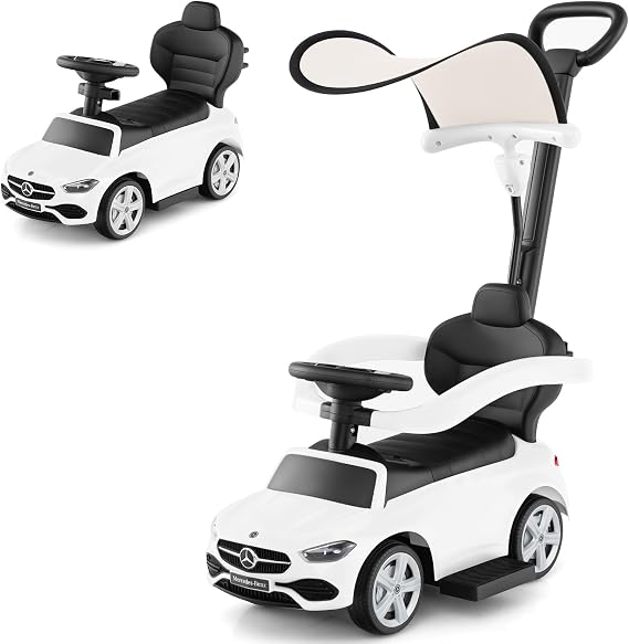 OLAKIDS Push Car for Toddlers, 3 in 1 Licensed Mercedes Benz Baby Sliding Walking with Parent Control Handle Adjustable Canopy Guardrail Under Seat Storage, Kids Ride on Toys with Horn (White)