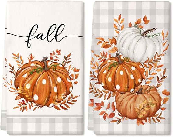 ARKENY Pumpkin Fall Kitchen Towels Set of 2 for Decor Gray Buffalo Plaid | 18x26 Inch,Ultra Absorbent Stripes Autumn Dish & Hand Towels,Thanksgiving Harvest Seasonal Home Farmhouse Decorations