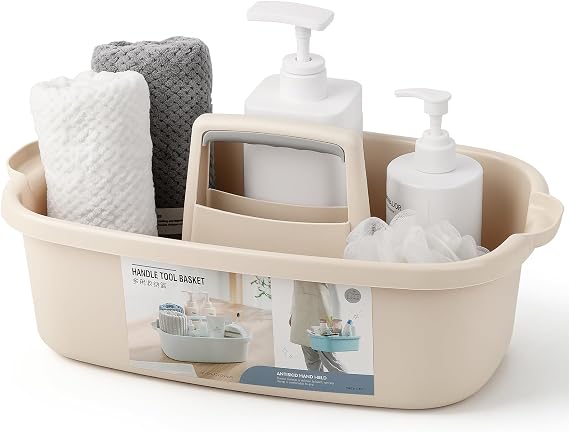 Large Cleaning Supplies Caddy Portable Shower Basket Supply Organizer with Handle Plastic Bucket Tool Storage for Bathroom, Bedroom, Kitchen, College Dorm, Garden, Beige