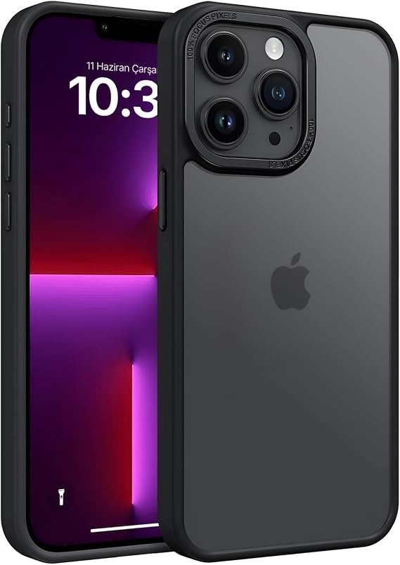 Minesk iPhone 13 Pro için Mat Hybrid Materyal Metal Kamera Korumalı ve Metal Tuş Takımlı Ultra Güçlü Koruma Sağlayan ve Şık Görünümlü Premium Kılıf (Siyah, 13 Pro)