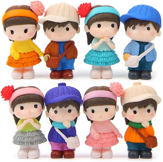 Boy and Girl Statue Kawaii Boy and Girl Doll Set Toy, Garden Cake Decoration Top Hat, Birthday Gift, (1 Set/8 Pieces)