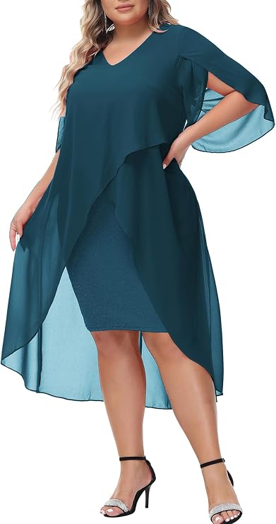 Hanna Nikole Womens Plus Size Chiffon Cocktail Dress Ruffle 3/4 Sleeve Wedding Guest Party Dresses with High Low Hem
