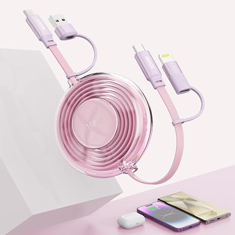 USB C Retractable Multi 2-in-2 USB A/Type C to Lightnning+USB C iPhone Charging Cable,100W+27W PD Fast Multiple Charger Cord for iPhone 15 14 13 12/Samsung S23/iPad Pro/MacBook-Pink