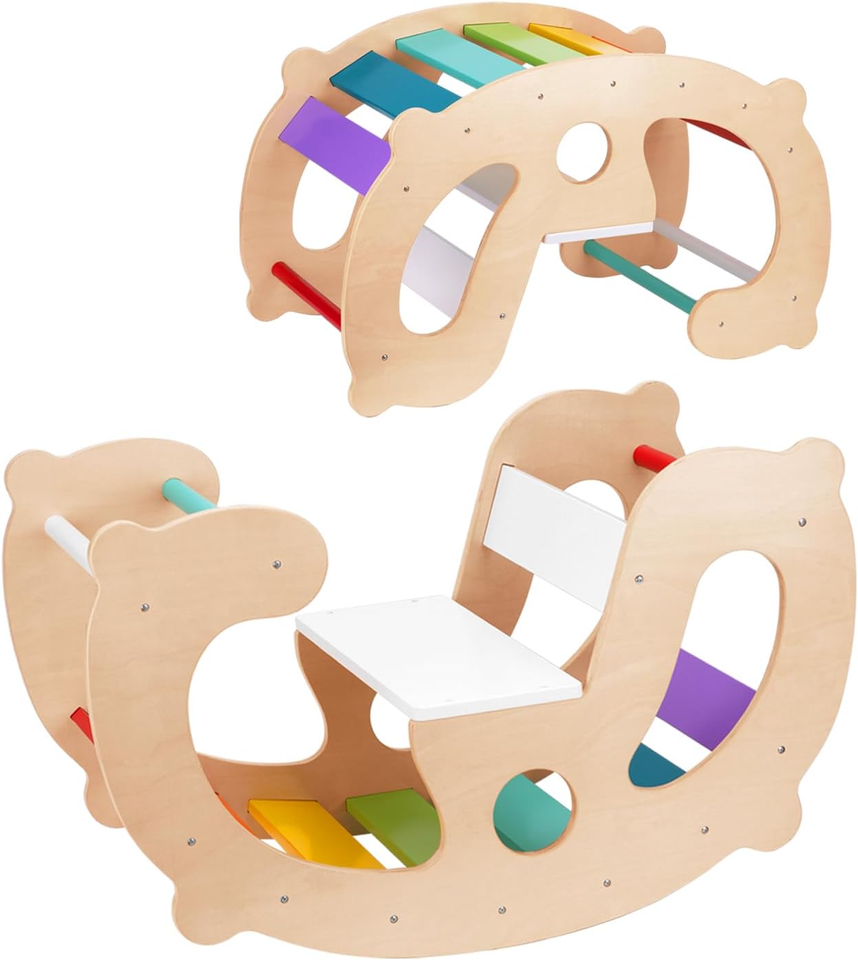 OOOK 2 in 1 Rainbow Climbing Toys - Pikler Montessori Climbing Set, Wooden Rocking Horse Toy, Children Indoor Outdoor Play Gym Learning Playset, Playground for Kids Present