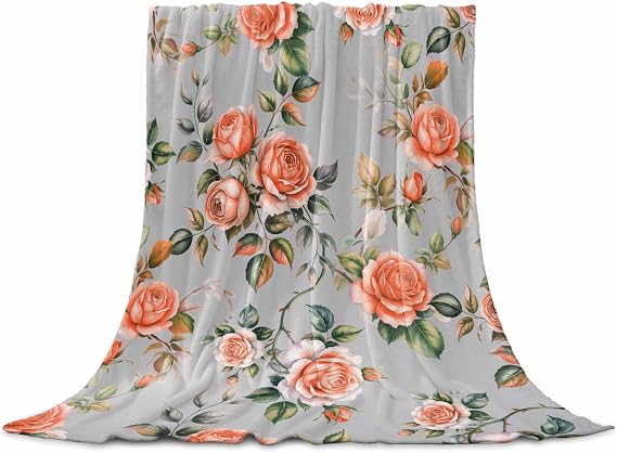 Flannel Fleece Blanket 30" x 40", Red Rose Microfiber Cozy Soft Throws for Women, Farmhouse Romantic Botanical Floral Vines Lightweight Throw Blankets for Couch, Sofa, Bed, Living Room, Bedroom