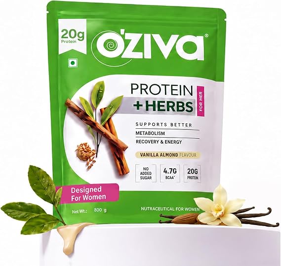 OZiva Protein & Herbs, Women with Multivitamins, Curcumin, Shatavari, Tulsi for Improved Metabolism, Hormonal Balance & Skin, Hair Health, 2.2 lbs, Vanilla Almond. Soy Free, Gluten Free, Non GMO