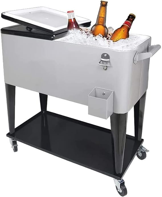 Nattork 80 Quart Outdoor Patio Cooler on Wheels,Portable Beverage Rolling Cooler Cart for Backyard Deck, Ice Chest with Shelf, Water Pipe and Bottle Opener