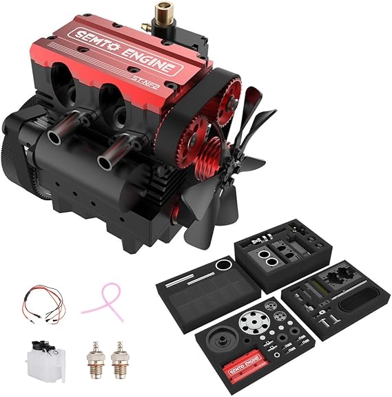 SEMTO/OTTO ST-NF2 Nitro Engine + Starter Ignition Kit, 7.0cc Inline Double-Cylinder 4-Stroke Air-Cooled Engine + F-Type Plug, 75ml Fuel Tank, Silicone Oil Pipe & 3-in-1 Brush Ignition Power Module