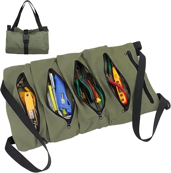 Tool Roll Bag,Canvas Tool Bag,Tool Box Organiser,Multi-Purpose Tools Box Organiser with 5 Zip Pockets,Work for Craftsmen,Plumbers,Electricians (green)