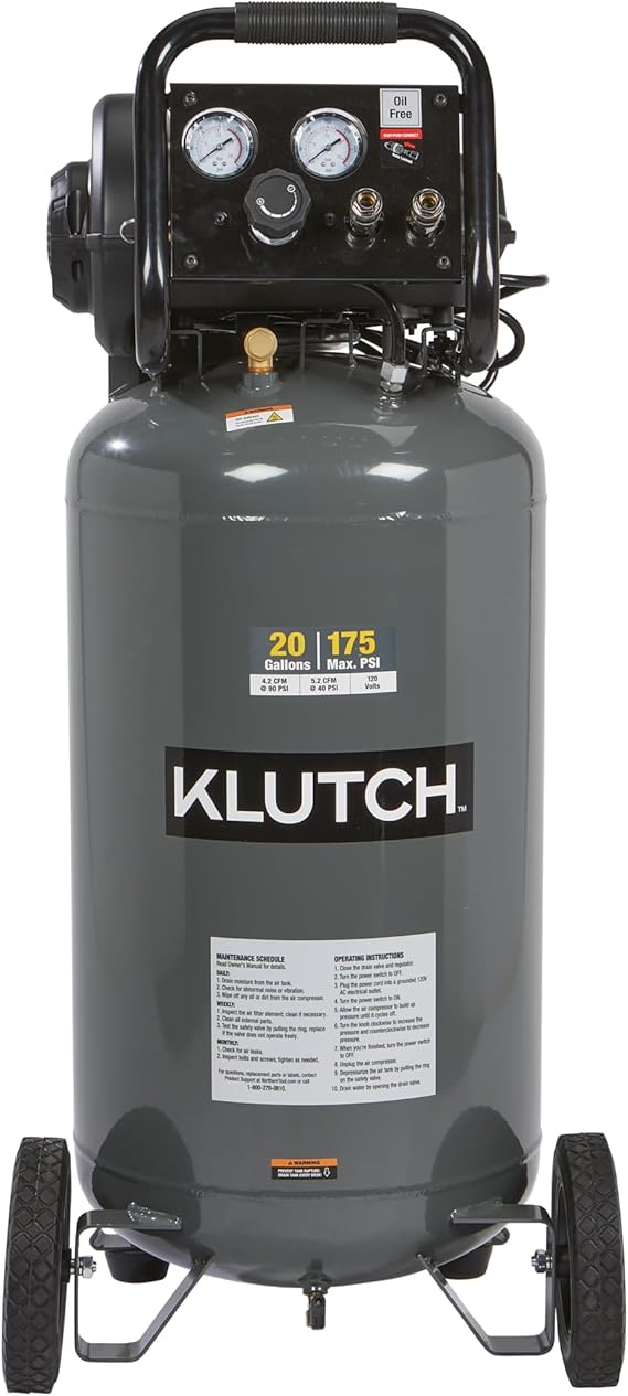 Klutch 20-Gallon Air Compressor, 2 HP, 120V, 175 PSI, 4.2 SCFM at 90 PSI
