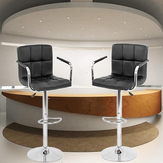 Bar Stools Set of 2 - Modern PU Leather Adjustable Swivel Barstools - Bar Chairs with Armrest and Back Swivel Counter Height Stools for Kitchen Counter 360 Degree Swivel Seat Top (Black)