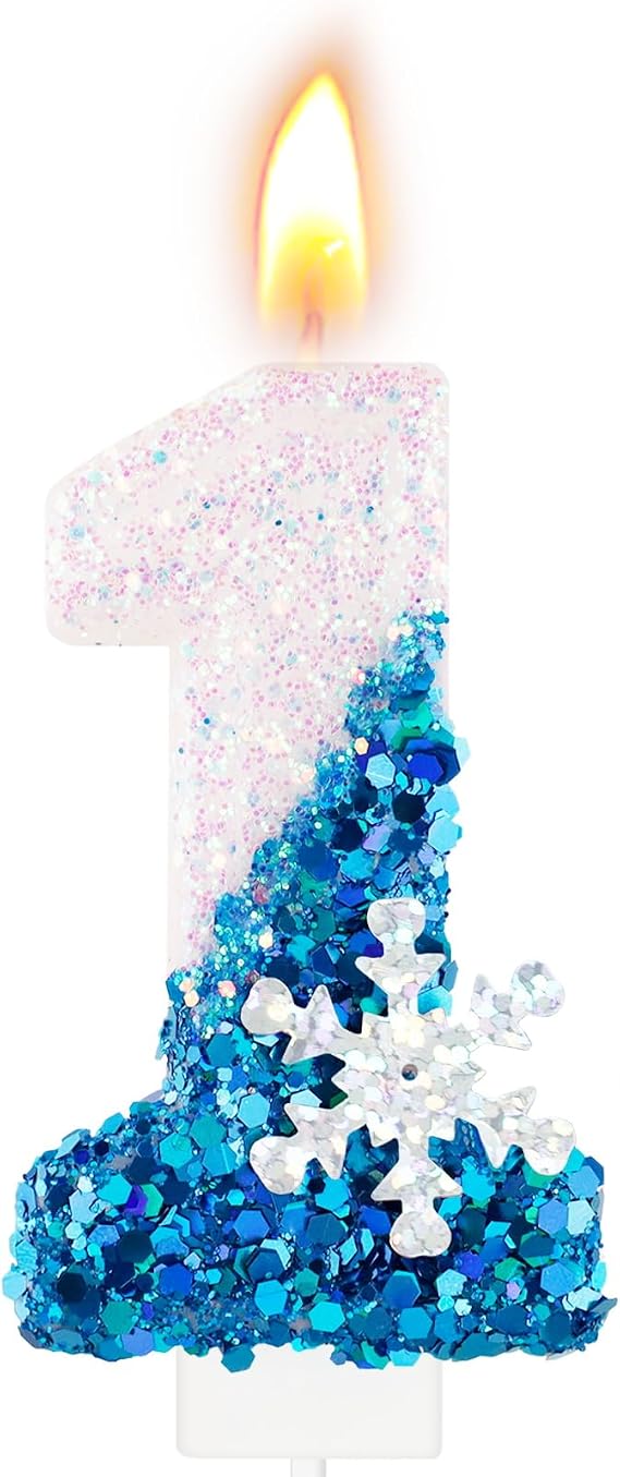 Blue Snowflake Number 1 Birthday Candle Frozen Themed Birthday Cake Candles Glitter Number 1 Candle Cake Topper Blue Snow Winter Holiday Candles for Kids Adults Birthday Wedding Party Supply