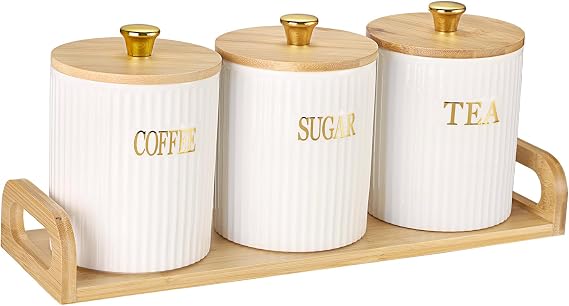 BTSKY White Ceramic Sugar Coffee Tea Storage Canisters with Lid and Tray