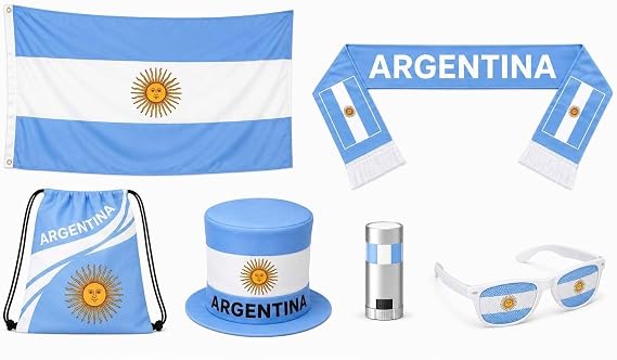 Argentina Fan Kit 6 Piece Soccer Fan Accessories Set with Scarf, Flag, Hat, bag, Team Glasses & Face Painting for World Cup & Match Day