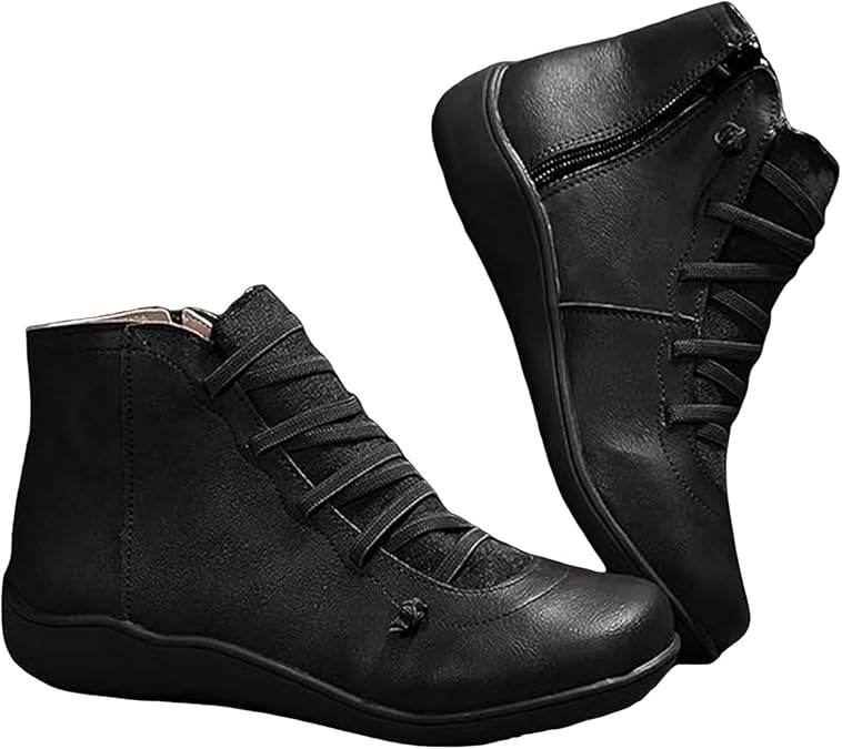 Women's Vintage Ankle Boots Fashion Arch Support No Heel Lace Up Side Zip Up Flat Shoes Fall Winter Retro Leather Booties Comfortable Slip On Casual Short Ankle Booties