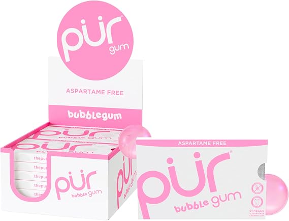 PUR Gum | Sugar Free Chewing Gum | 100% Xylitol | Vegan, Aspartame Free, Gluten Free & Diabetic Friendly | Natural Bubblegum Flavoured Gum, 9 Pieces (Pack of 12)