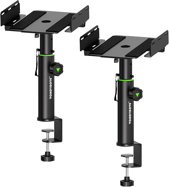 Vondynote Dual Side Clamp Studio Monitor Stands Short Desk Speaker Stands | Set of 2, 9"-14" Height Adjustable, Extendable Top Plate Mounted by Screws, Desktop Clamp