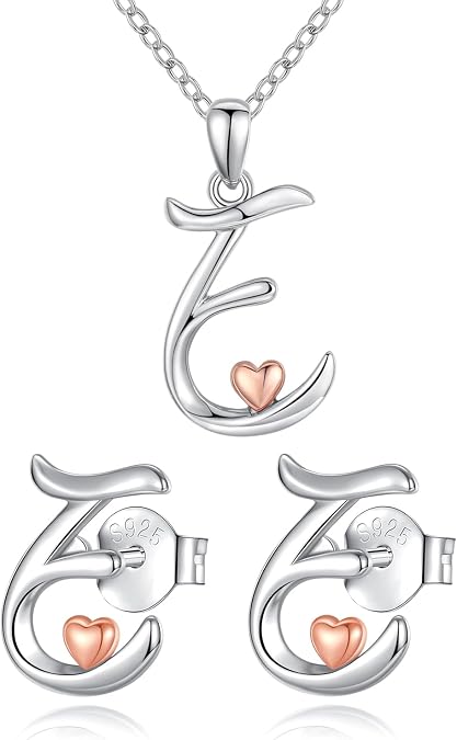 CELESTIA Birthday Gifts Ideas Sterling Silver Initial Necklace & Initial Earrings Studs Letter E Necklaces for Women Monogram Pendant Alphabet Heart Initial Jewelry