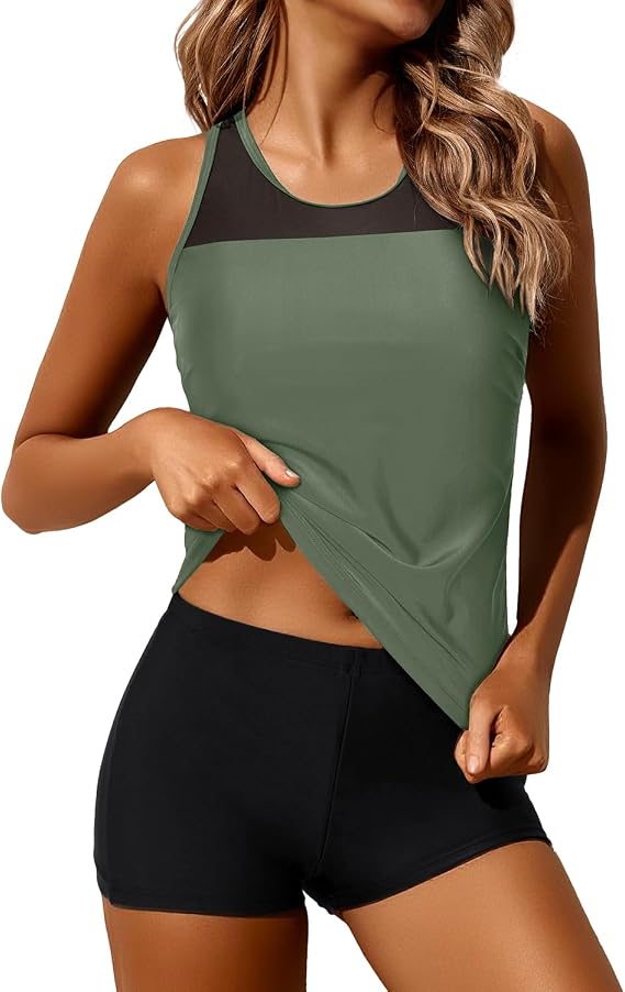Athletic Tankini with Shorts Racerback Two Piece Sporty Swimsuit for Women