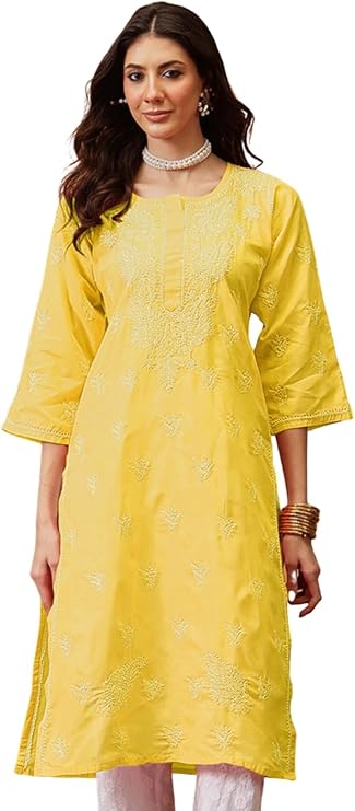 Ada Hand Embroidered Indian Chikankari White Cotton Kurta Kurti Tunic for Women A208441