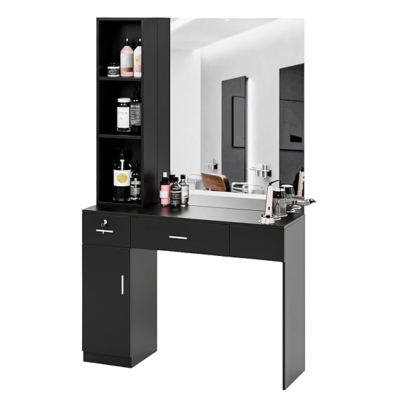 OmySalon Barber Station with Mirror, Hair Salon Station for Hair Stylist, Wall Mount Salon Beauty Spa Equipment with 3 Hair Dryer Holders & Open Shelves, 2 Drawers, 1 Storage Cabinet, Black