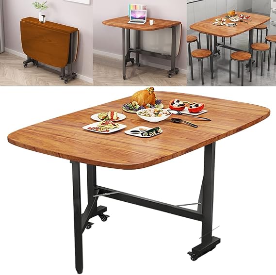 Multifunction Table Drop Leaf Dining Table - 120cm Solid Wooden Foldable Kitchen Table with 6 Wheels