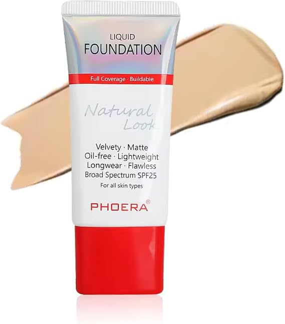 Foundation Full Coverage Makeup, 24hr Long Lasting Oil Control, Soft Matte Flawless Waterproof Foundation, New Improved Packaging and Tube with Lid (104A - Natural Beige, 30ml)